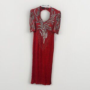 Vintage 80's Mark & John by Sam Silk Sequinned beaded red evening Dress Medium
